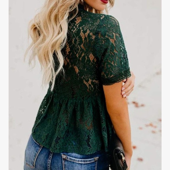 Women's Emerald Green Lace Peplum Top - Picture 3 of 5